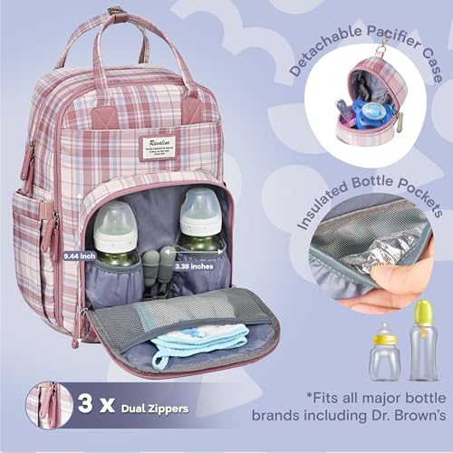 RUVALINO Diaper Bag Backpack, Multifunction Travel Pack Maternity Baby Changing Bags, Large Capacity, Waterproof, Pink Plaid - color: Pink Plaid