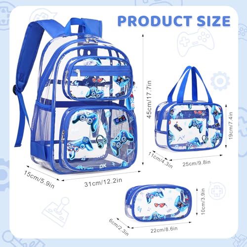 ACESAK Clear Backpack for Boys - 3 Pcs Game Heavy Duty with Lunch Bag - See Through Backpack Clear Bookbag Stadium Approved for Kids Middle High College School Travel (Blue Game Console) - color: Blue Game Console