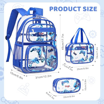 ACESAK Clear Backpack for Boys - 3 Pcs Game Heavy Duty with Lunch Bag - See Through Backpack Clear Bookbag Stadium Approved for Kids Middle High College School Travel (Blue Game Console) - color: Blue Game Console
