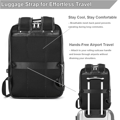 Genuine Leather 15.6 Inch Laptop Backpack for Men, Multi Pocket Slim Daypack Shoulder Bag with Trolley Sleeve for Business Travel (Black) - color: Y80&28y Black