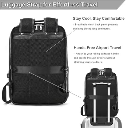 Genuine Leather 15.6 Inch Laptop Backpack for Men, Multi Pocket Slim Daypack Shoulder Bag with Trolley Sleeve for Business Travel (Black) - color: Y80&28y Black