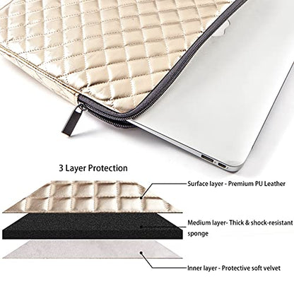 Puffy Laptop Sleeve 11 12 13 13.3 14 15 15.6 inch Case Protective Bag Quilted PU Leather Smooth Zipper Velvet Lined Padded Holder with Pocket - color: Gold Quilted, size: 11-12 Inch