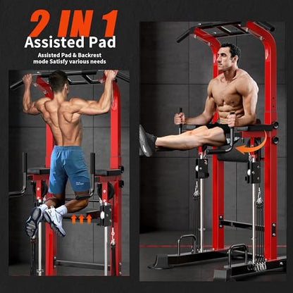 SogesHome Power Tower Pull Up Bar and Dip Station, Multi-Function Free Standing Pull Ups, Adjustable Height Dip Bar Strength Training Workout Equipment, Pull Up Stand Workout for Home Gym Exercise Equipment - color: Red