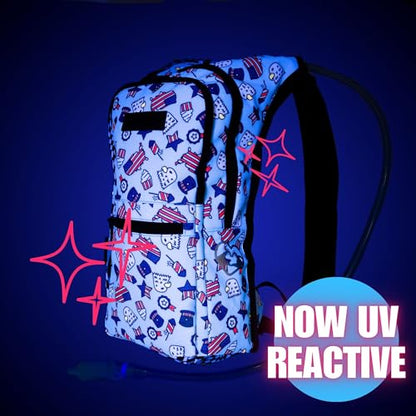 Kandies World Reflective Festival Hydration Pack - 2L Hydropack for Raves, Hiking, Biking, Running, and More (with Anti-Theft Pocket) - style: USA