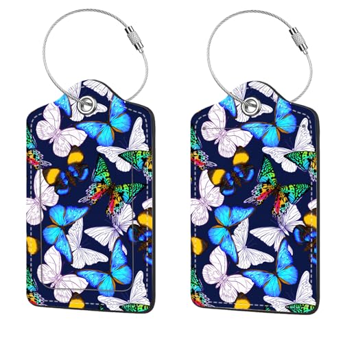 2 Pcs Luggage Tags for Suitcase, Cute Unique PU Leather Travel Bag Tag with Privacy Cover ID Label Address Card and Durable Metal Ring Suitable for Men Women Children Backpack,Colorful Butterflies - color: Colorful Butterflies