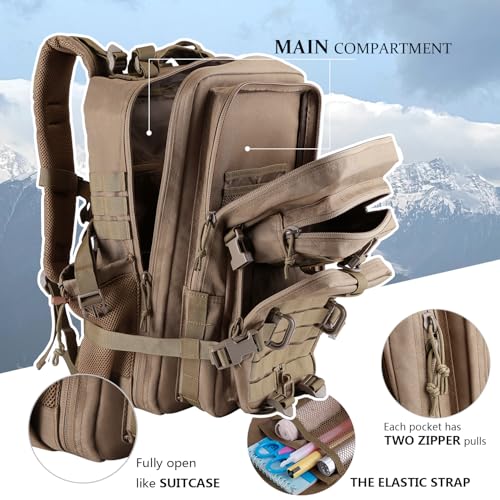 Hannibal Tactical 45L MOLLE Assault Backpack, Tactical Backpack Military Army Camping Rucksack with Bottle Holder, 3-Day Pack Trip w/USA Flag Patch, D-Rings, Khaki - color: Khaki, size: 45L