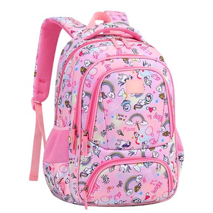 MYGOO Girls School Backpack Doubleday Unicon Pink Bookbag for Elementary Middle School Ages 5-12, 17 inch Large Capacity 24L Kids Student Travel Bags - color: Doubleday Unicon Pink
