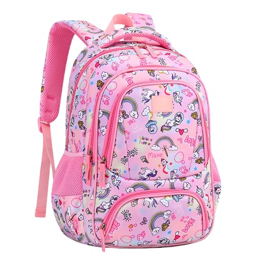 MYGOO Girls School Backpack Doubleday Unicon Pink Bookbag for Elementary Middle School Ages 5-12, 17 inch Large Capacity 24L Kids Student Travel Bags - color: Doubleday Unicon Pink
