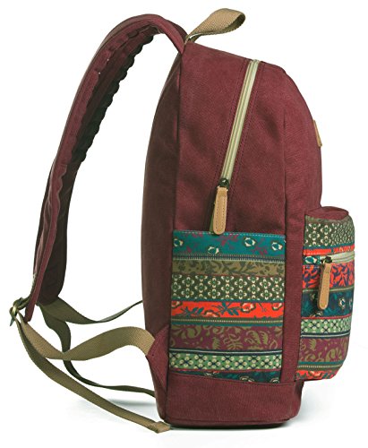 Kinmac Canvas Backpack with Massage Cushioned Straps,Travel Outdoor Backpack (Wine-Bohemian) - color: Wine-bohemian