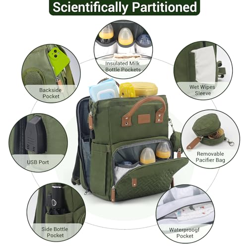 JOLLITO Diaper Bag Backpack with Changing Station Large Capacity Multifunction Baby Bags for Boy Girl Travel For Moms Dads Baby Registry Search Essentials Shower Gifts - color: Green