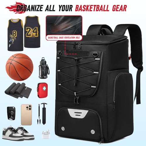 Basketball Backpack, Basketball Bag with Separate Ball Holder & Shoes Compartment Water Resistant Sports Bag Basketball Equipment Bags Fit Volleyball, Soccer, Swim, Gym, Travel, Black - color: Black