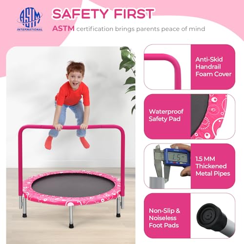 KOTEK 36 Inch Toddler Trampoline, Foldable Mini Recreational Trampoline with Handle & Safety Padded Cover, ASTM Approved Small Baby Trampoline, Indoor Trampoline for Kids, Max Load 330 Lbs - color: Pink