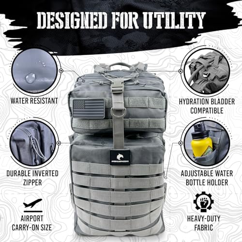 AMERICANPHOENIX 45L Elite Tactical Backpack | 3X Stronger Work & Military Backpack | Water Resistant and Heavy Duty | 3 Day MOLLE Bug Out Bag (Arctic Grey) - color: Arctic Grey