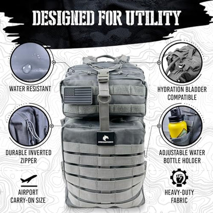 AMERICANPHOENIX 45L Elite Tactical Backpack | 3X Stronger Work & Military Backpack | Water Resistant and Heavy Duty | 3 Day MOLLE Bug Out Bag (Arctic Grey) - color: Arctic Grey