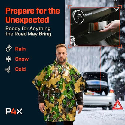 PREPARED4X Emergency Mylar Poncho – Survival Rain Poncho with Hood – Lightweight, Compact, Reusable Emergency Blanket Poncho for Hiking, Camping, Thermal Gear, Car Kit, Outdoors - color: Green Camo 4-pack