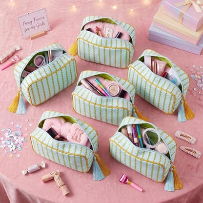 Kacctyen 6 Pack Mustard Yellow and Sage Green Striped Makeup Bag bulk with Tassel Travel Cosmetic Pouch Organizer Large Zipper Toiletry Case for Women Aesthetic Storage Pouch Mahjong Tile Bag - color: Mustard Yellow and Sage Green