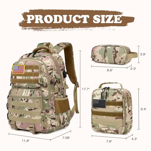 Camo Backpack for Boys, Tactical Boys Backpack with Lunch Box Pencil Case, Kids Backpacks with USB Charging Port, Military Army School Bookbag for Teen Boy Elementary Middle High School Camp - color: Khaki-green