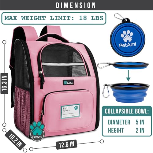 PetAmi Dog Backpack Carrier for Small Medium Dogs Large Cats up to 18 lbs, 2 Side Entry, Structured No-Collapse Frame, Airline Approved Ventilated Pet Backpack for Hiking Camping Travel Vet, Pink - color: Pink