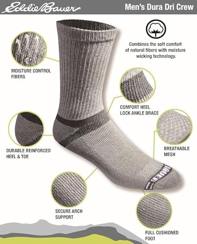 Eddie Bauer Men's Dura Dri Moisture Control Crew Socks (6 & 12 Packs) - color: Grey (6 Pairs)