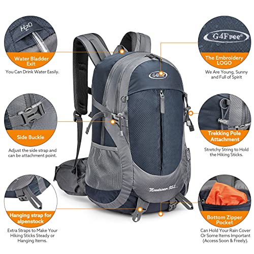 G4Free 35L Hiking Backpack Water Resistant Outdoor Sports Travel Daypack Lightweight with Rain Cover for Women Men (Navy Blue) - color: Grey / Blue