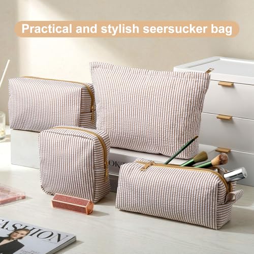 Sanwuta 4 Pcs Seersucker Pouch Cosmetic Bag Set Seersucker Makeup Bag Women Stripe Large Travel Toiletry Organizer Aesthetic Preppy Storage for Embroidery Women Bridesmaid Gifts(Khaki) - color: Khaki