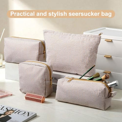 Sanwuta 4 Pcs Seersucker Pouch Cosmetic Bag Set Seersucker Makeup Bag Women Stripe Large Travel Toiletry Organizer Aesthetic Preppy Storage for Embroidery Women Bridesmaid Gifts(Khaki) - color: Khaki