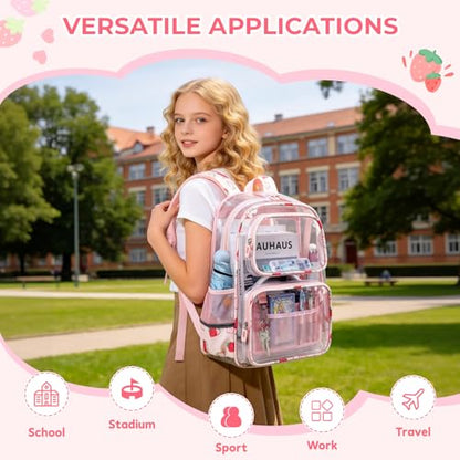 Sisipoet Clear Backpack for Girls with Strawberry Print, Heavy Duty Transparent Bookbag for School, Stadium, and Concert, Pink - color: Pink/Strawberry