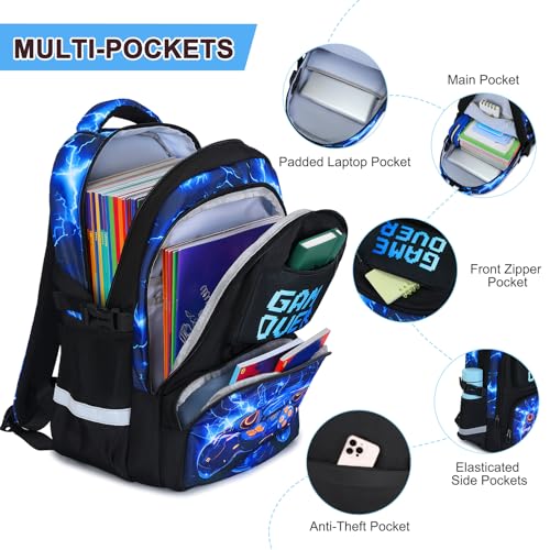 3PCS School Backpack for Boys, Cool Gamer Boys Backpack with Lunch Box and Pencil Case for Kids Kindergarten Teens Elementary Middle School Bag with Convenient Charging Port,Gaming Bookbag Waterproof - color: Blue Lightning