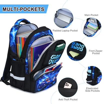 3PCS School Backpack for Boys, Cool Gamer Boys Backpack with Lunch Box and Pencil Case for Kids Kindergarten Teens Elementary Middle School Bag with Convenient Charging Port,Gaming Bookbag Waterproof - color: Blue Lightning