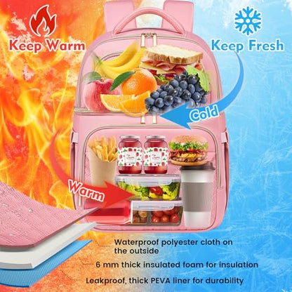 Backpack Cooler Lunch Backpack Double Decker Lunch Box,Insulated Backpack Lunch Cooler Bag, Lightweight Leakproof Lunchbox Backpack for Women Men to Travel,Picnic,Hiking,Beach,Camping - color: Pink