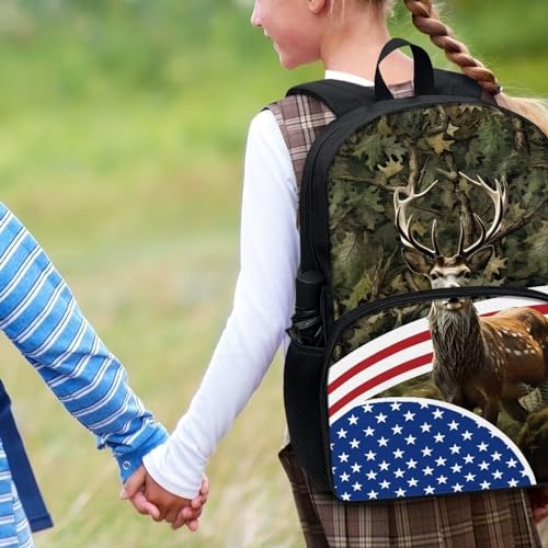 Talayituse Deer Camo American Flag Print Kids School Backpack for Boys Girls Kindergarten Middle School Backpacks Casual Travel Daypack Junior School Student Backpack Rucksack with Adjustable Straps - color: Deer Camo American Flag