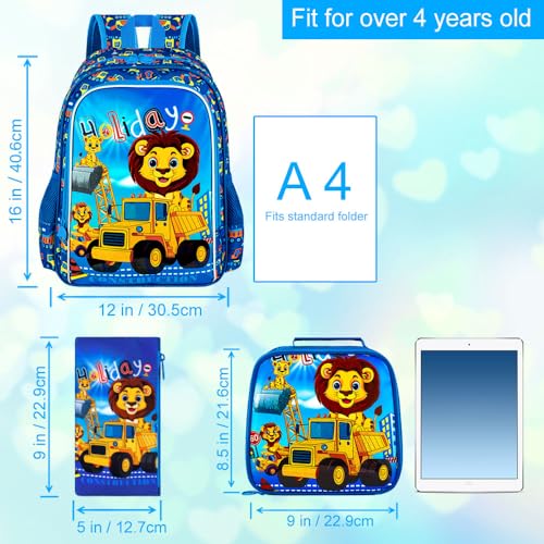 16" Kids Backpack for Boys, 3Pcs Excavator Bookbag Set for Elementary Preschool Kindergarten, Lion School Backpacks with Lunch Box(Blue) - color: Lion Blue