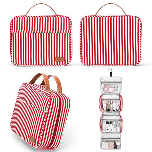 Bosidu Hanging Travel Toiletry Bag,Large Capacity Cosmetic Travel Toiletry Organizer for Women with 4 Compartments & 1 Sturdy Hook,Perfect for Travel/Daily Use/Christmas - color: M-Red