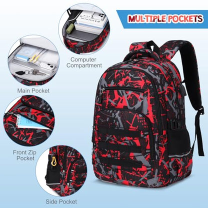 ACESAK Camo Backpack for Boys, Tactical Kids Backpack Boys, School Bags for Boy Children Teens Kids Elementary Middle High School, Military Bookbag and Lunch Bag Pencil Case Set with USB Charging Port - color: Camo Red