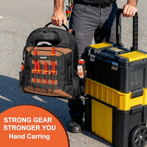 Tool Backpack for Electricians, HVAC, Technicians & Mechanics. Professional Tool Back Pack Bag with 4 Compartments, 39 Pockets, 31 MOLLE Loops, and Safety Goggles Box