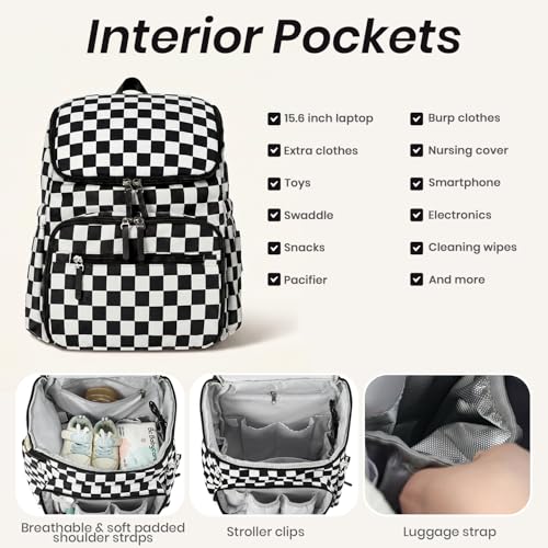 FHELAD Checkered Diaper Bag Backpack with Changing Pad & Stroller Clips, Large Travel Baby Diaper Bag for Newborn Moms, Baby Shower Gifts (Obsidian Black) - color: Obsidian Black