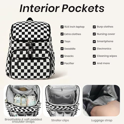 FHELAD Checkered Diaper Bag Backpack with Changing Pad & Stroller Clips, Large Travel Baby Diaper Bag for Newborn Moms, Baby Shower Gifts (Obsidian Black) - color: Obsidian Black