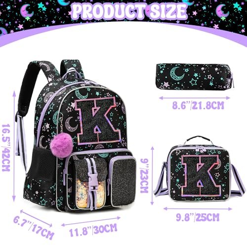 HTgroce Backpacks for Girls School Bag Kids Black Bookbag for Elementary Students Kids Backpack with Lunch Box and Pencil Case - color: Black, style: K