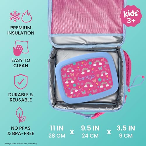 Bentgo Kids Lunch Bag - Double-Insulated, Reusable Lunch Bag for Kids 3+ with Adjustable Strap; Holds Lunch Box/Water Bottle/Snacks; Easy-Clean, Water-Resistant & Pockets (Rainbows & Butterflies) - color: Rainbows & Butterflies