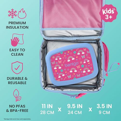 Bentgo Kids Lunch Bag - Double-Insulated, Reusable Lunch Bag for Kids 3+ with Adjustable Strap; Holds Lunch Box/Water Bottle/Snacks; Easy-Clean, Water-Resistant & Pockets (Rainbows & Butterflies) - color: Rainbows & Butterflies