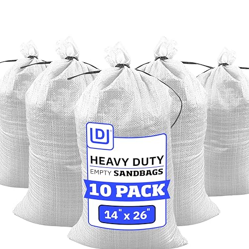 DURASACK Heavy Duty Sand Bags with Tie Strings Empty Woven Polypropylene Sand-Bags for Flood Control with 1600 Hours of UV Protection, 50 lbs Capacity, 14x26 inches, White, Pack of 10 - color: White, size: 10 Sandbags