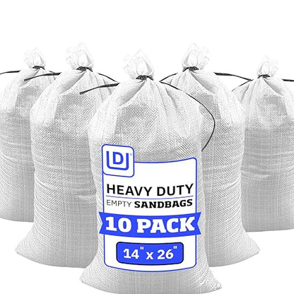DURASACK Heavy Duty Sand Bags with Tie Strings Empty Woven Polypropylene Sand-Bags for Flood Control with 1600 Hours of UV Protection, 50 lbs Capacity, 14x26 inches, White, Pack of 10 - color: White, size: 10 Sandbags