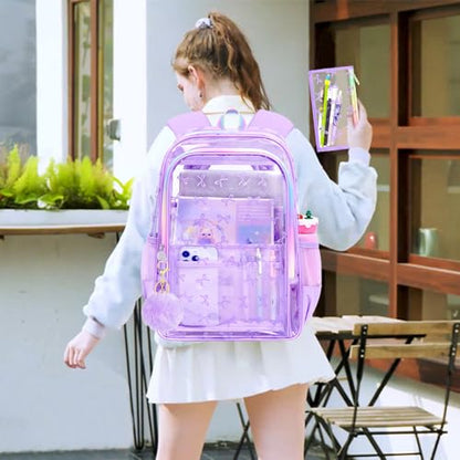 gxtvo 3PCS Clear School Backpack Heavy-Duty Set for Women & Teen Girls, 17" Purple Transparent Bookbag with Rainbow Strap, Elegant Bow See Through Bag - color: Purple Elegant Bow Clear Backpack Set