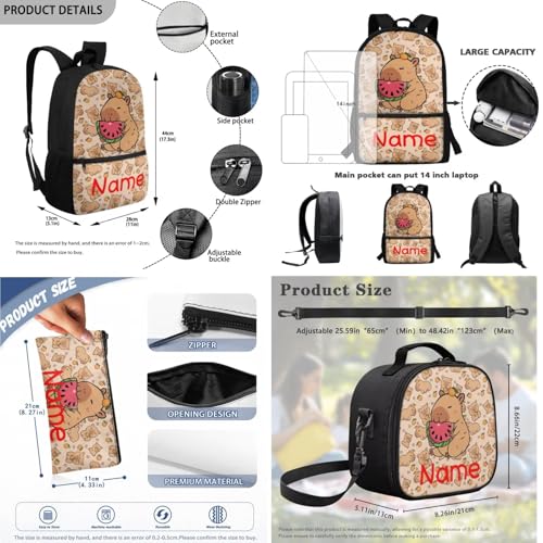 3 PCS Capybara Backpacks for Kids Custom Name School Backpack Bookbag with Reusable Lunch Box Pencil Case Pouch Set Add Your Kids Name Personalized Schoolbag - color: Capybara+name