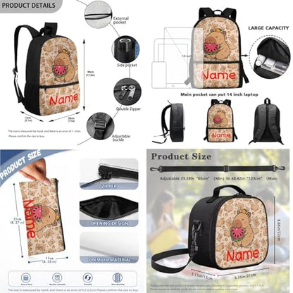 3 PCS Capybara Backpacks for Kids Custom Name School Backpack Bookbag with Reusable Lunch Box Pencil Case Pouch Set Add Your Kids Name Personalized Schoolbag - color: Capybara+name