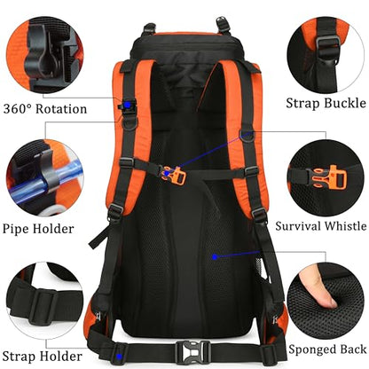 YFREAL 60L Travel Hiking Camping Backpack with Rain Cover,Backpack Water Resistant,Climbing Backpack for Men Women (ORANGE) - color: Orange