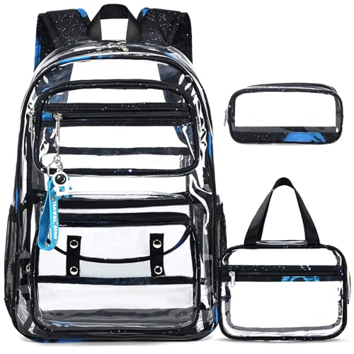 ACESAK Clear Backpack for Boys Girls - 3 Pcs Clear Heavy Duty with Lunch Bag - See Through Backpack Stadium Approved(Galaxy) - color: Galaxy