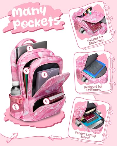 BLUEFAIRY Kids School Backpack for Boys Girls Ages 6-8 8-10 10-12 Elementary Middle School Book Bags with Laptop Compartment Mochilas Escolares para Niños Niñas de 8 10 12 Años (Pink, Geometric) - color: Pink