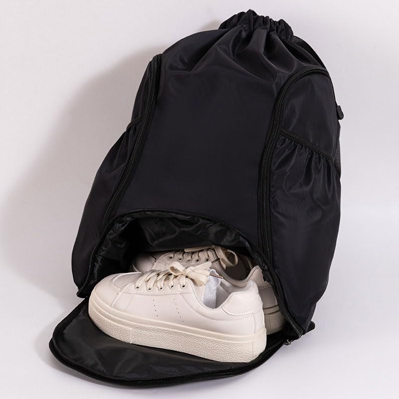Drawstring Backpack Gym Bag with Front Zipper Pocket & Side Compartments, Adjustable Shoulder Straps for Commute Gym Travel, Daily Essentials Fitness Gear Organizer, Black