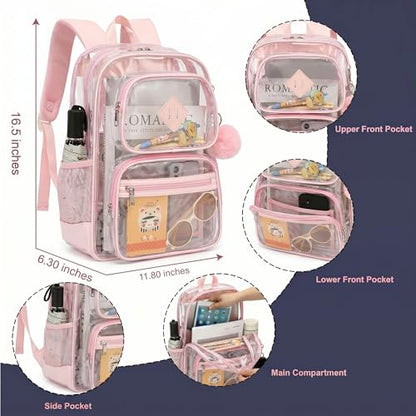 Heavy Duty Clear Backpack for Girls Boys Transparent School Bookbag Kids Durable PVC See Through Backpack - Pink - color: Pink